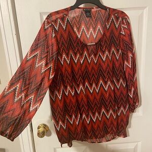 New Directions Red and White Graphic 3/4 Sleeve Blouse Large